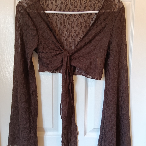 Tops - Chic Lace Tie-Front Blouse in Brown.  Whimsygoth, Fairycore